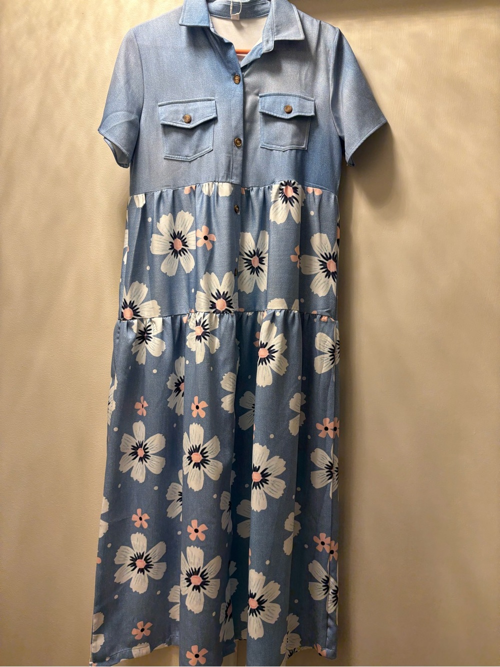 Blue Floral Tiered ladies Dress - Short Sleeve Shirt Style